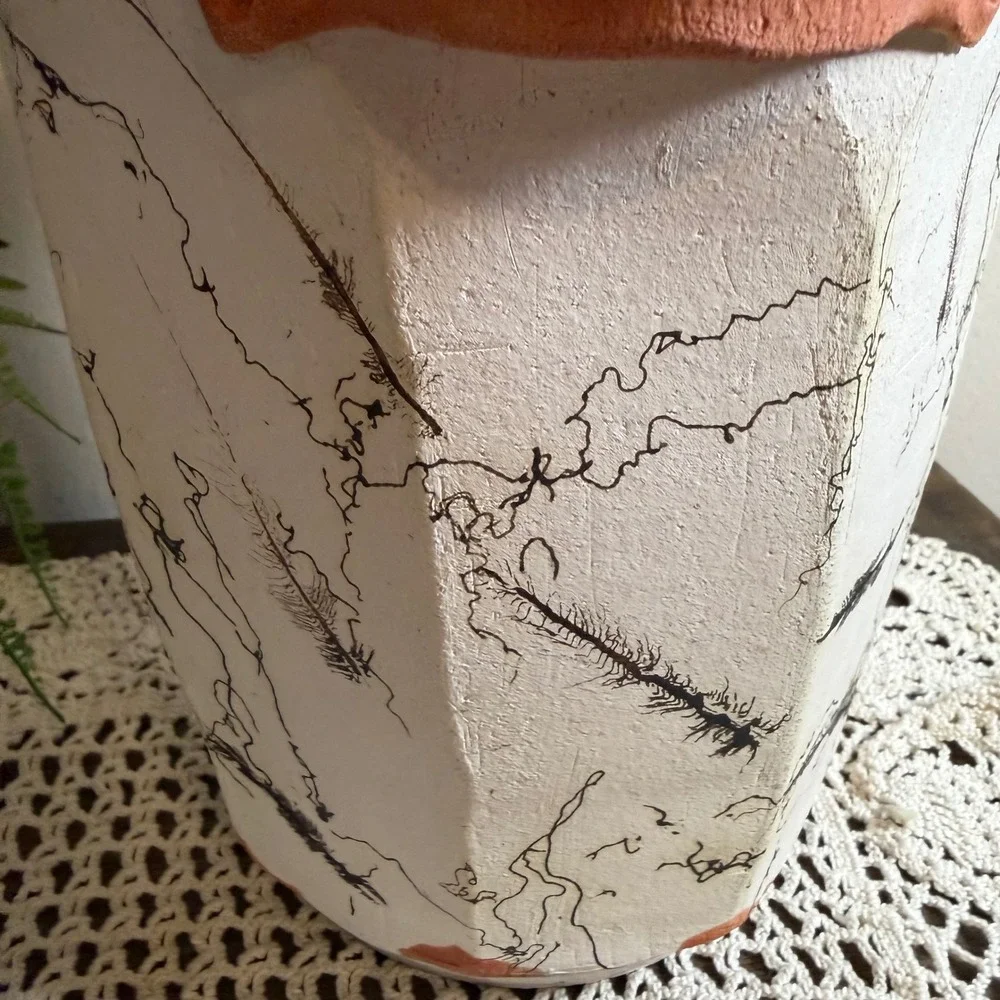 Vintage 2002 Signed Horsehair Feather Pottery Vase Octagonal Studio Art Ceramic